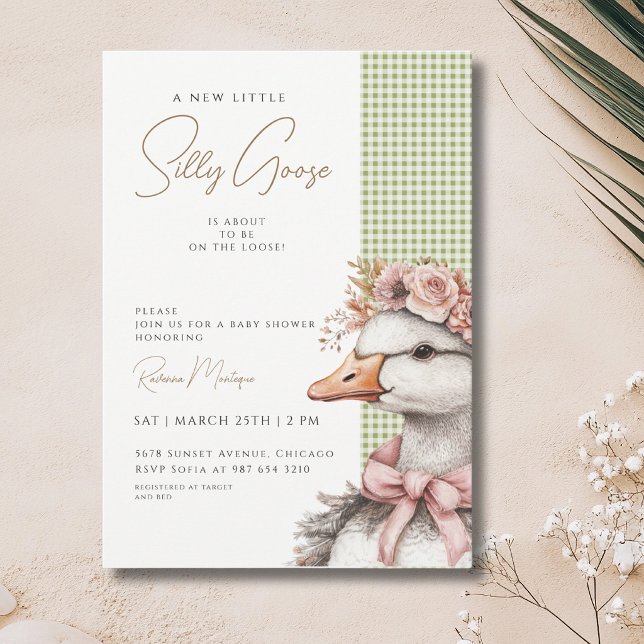 Silly Goose Green Gingham Flower Bow Baby Shower Invitation (Creator Uploaded)