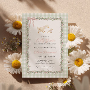 Silly Goose Green Gingham Pink Baby Shower Invite