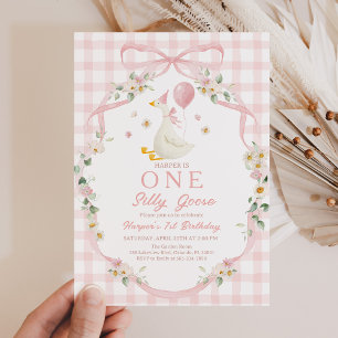 Silly Goose Invitation: 1st Birthday, Pink Floral  Invitation