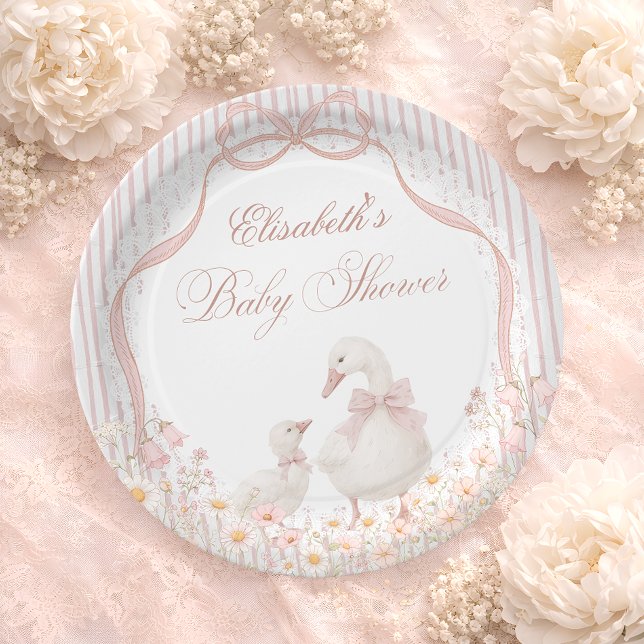 Silly Goose Lace Wildflower Pink Baby Shower Paper Plates (Creator Uploaded)