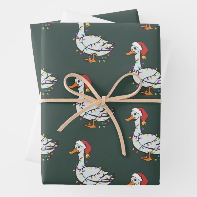 Silly Goose Light Christmas Funny Duck Xmas Lights Wrapping Paper Sheets (In situ)