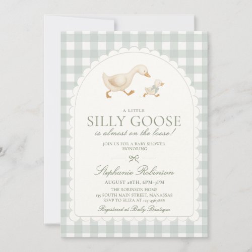 Silly Goose Neutral Arch Green Gingham Baby Shower Invitation