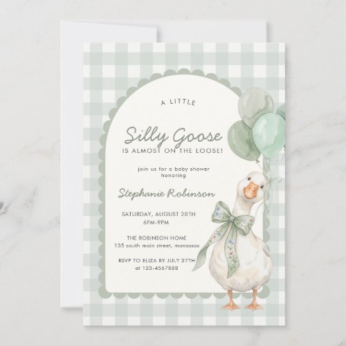 Silly Goose Neutral Sage Green Gingham Baby Shower Invitation
