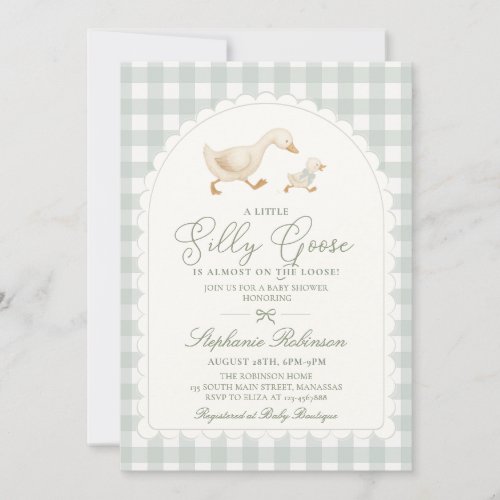 Silly Goose Neutral Sage Green Gingham Baby Shower Invitation