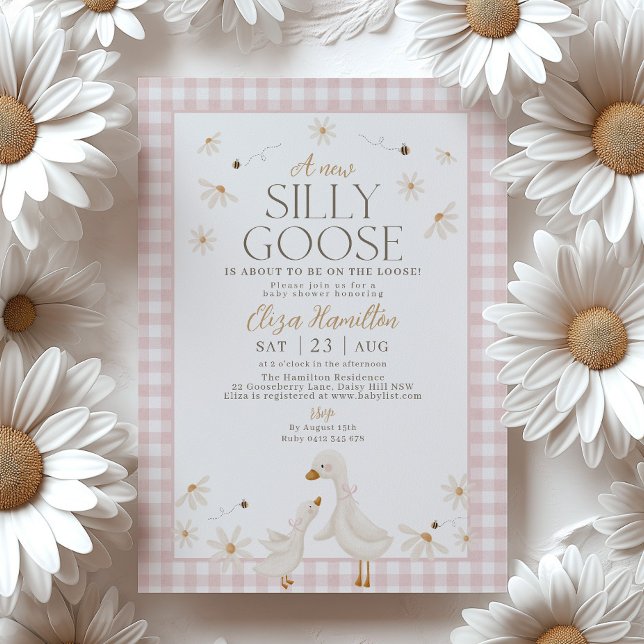 Silly Goose on the Loose Baby Shower Pink Gingham Invitation (A new silly goose is about to be on the loose! Pink Gingham Goose Baby Shower Invitation)
