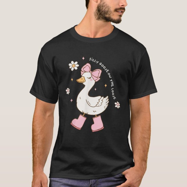 Silly Goose On The Loose Cute Goose Coquette Bow T-Shirt (Front)