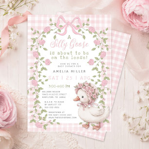 Silly Goose On the Loose Pink Gingham Baby Shower Invitation