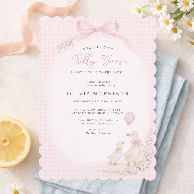 Silly Goose on the Loose Pink Gingham Baby Shower Invitation (Creator Uploaded)