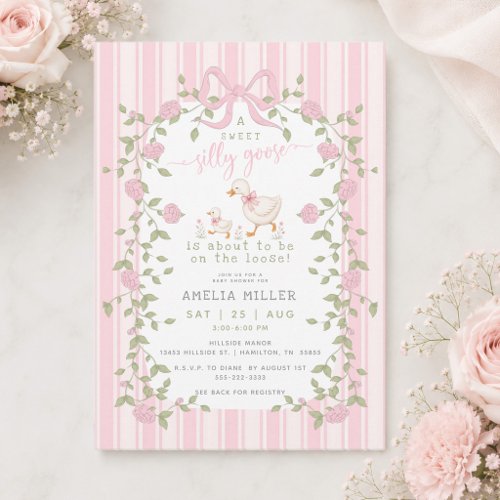 Silly Goose On the Loose Pink Striped Baby Shower Invitation
