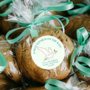 Silly Goose on the Way Green Baby Shower Classic Round Sticker