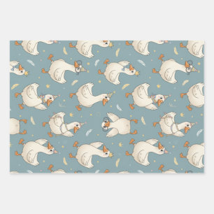 Silly Goose Party – Blue Background with Feathers Wrapping Paper Sheets