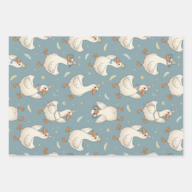 Silly Goose Party – Blue Background with Feathers Wrapping Paper Sheets (Front)
