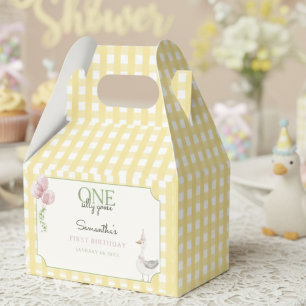 Silly Goose Pink Balloons Gingham 1st Birthday  Favor Boxes
