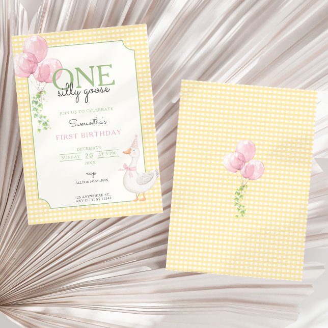 Silly Goose Pink Balloons Gingham 1st Birthday  Invitation (One Silly Goose Invitation)