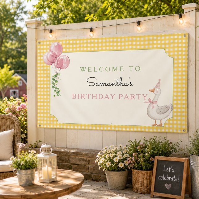 Silly Goose Pink Balloons Gingham Birthday Banner (Silly Goose Pink Balloons Birthday Banner)