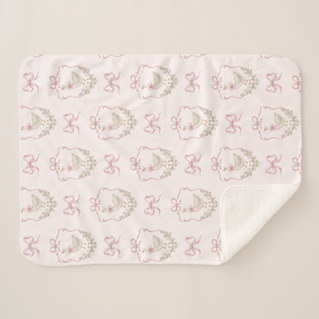 Silly Goose Pink Bow crest Vintage baby girl Sherpa Blanket (Front (Horizontal))