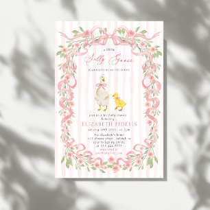 Silly Goose Pink Bow Floral QR Code Baby Shower Invitation