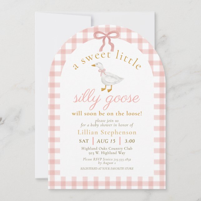 Silly Goose Pink Bow Gingham Baby Shower Arch Invitation (Front)