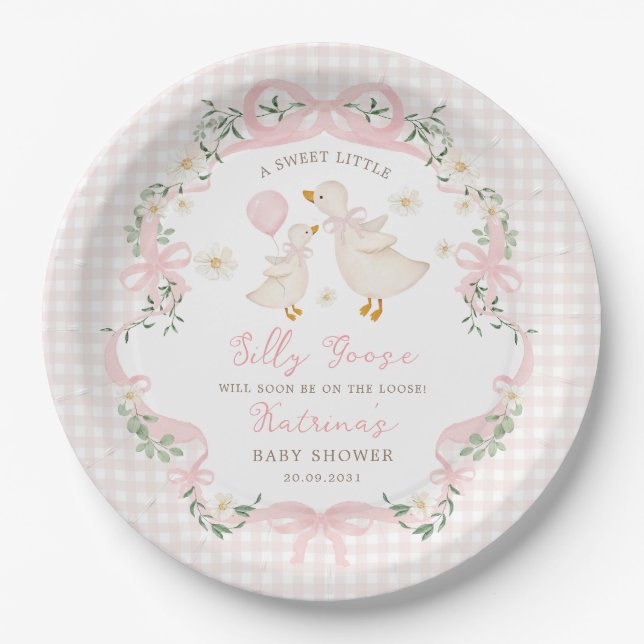 Silly Goose Pink Bow Gingham Girl Baby Shower Paper Plates (Front)