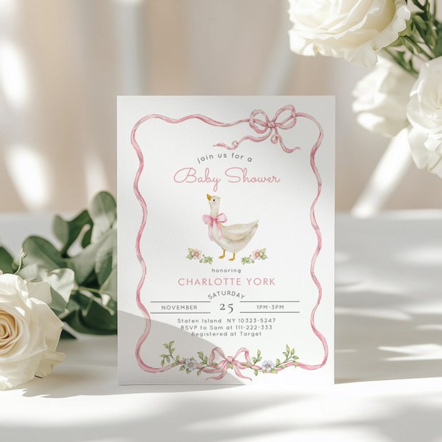  Silly Goose Pink Floral Bow Baby girl shower Invitation (Creator Uploaded)