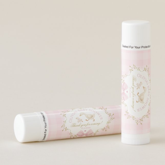 Silly Goose Pink Gingham Baby girl Shower Lip Balm (Front)