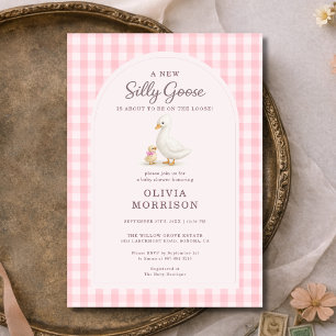 Silly Goose Pink Gingham Baby Shower Invitation