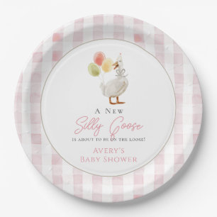 Silly Goose Pink Gingham Baby Shower Paper Plates