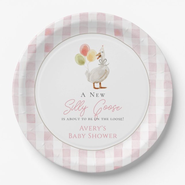 Silly Goose Pink Gingham Baby Shower Paper Plates (Front)