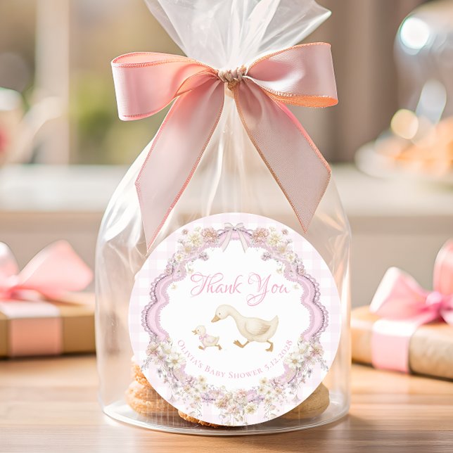 Silly Goose Pink Gingham Baby Shower Thank You Classic Round Sticker (Creator Uploaded)