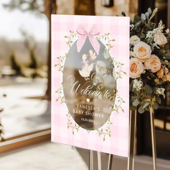 Silly Goose Pink Gingham Baby Shower Welcome Acrylic Sign (Creator Uploaded)