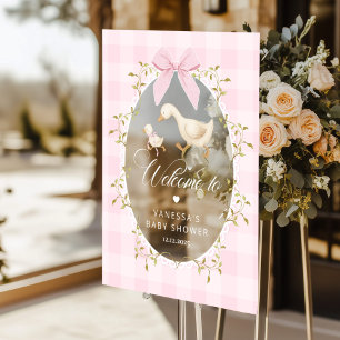 Silly Goose Pink Gingham Baby Shower Welcome Acrylic Sign