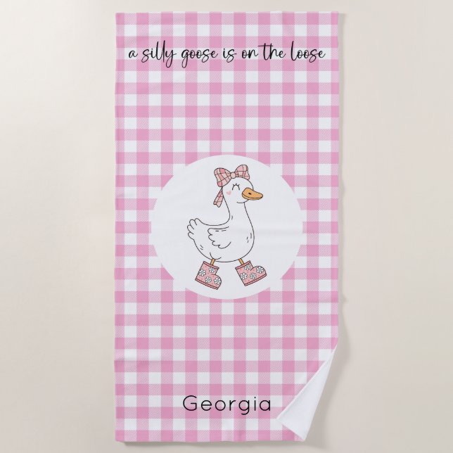 Silly Goose Pink Gingham Beach Towel (Front)