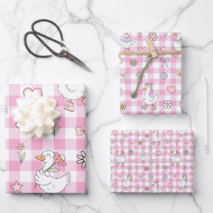 Silly Goose Pink Gingham Birthday Wrapping Paper Sheets