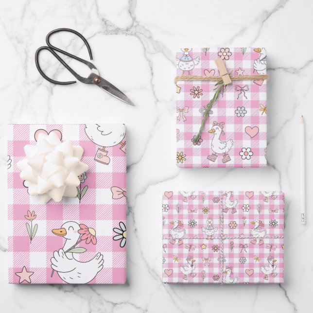 Silly Goose Pink Gingham Birthday Wrapping Paper Sheets (Front)