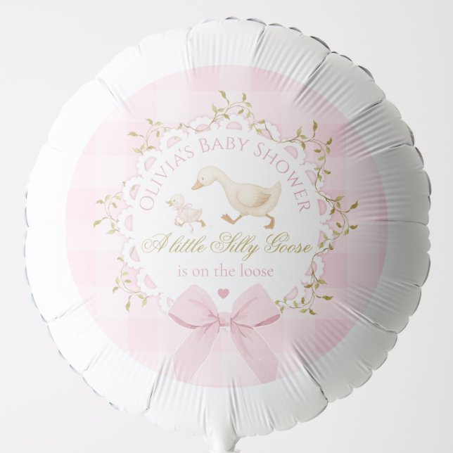 Silly Goose Pink Gingham Bow Baby Shower Balloon (Front)