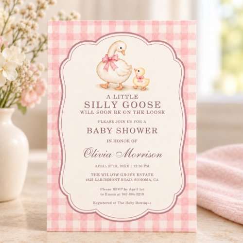Silly Goose Pink Gingham or plaid baby shower invitation