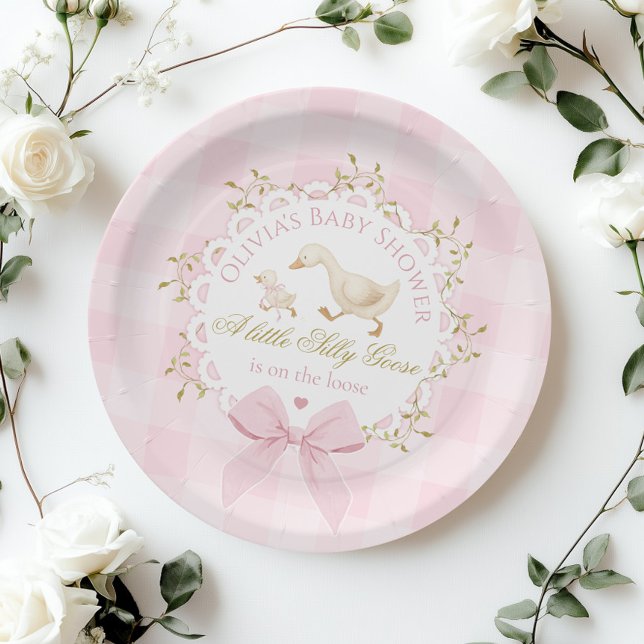 Silly Goose Pink Gingham Bow Baby Shower Paper Plates (Creator Uploaded)
