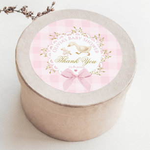 Silly Goose Pink Gingham Bow Baby Shower Thank you Classic Round Sticker