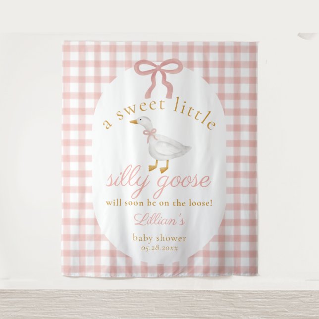 Silly Goose Pink Gingham Girl Baby Shower Backdrop (Front)
