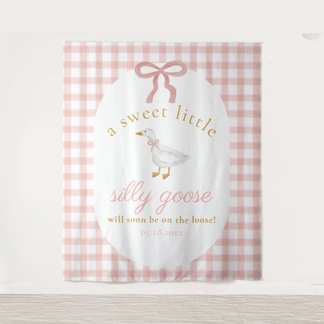 Silly Goose Pink Gingham Girl Baby Shower Backdrop (Front)