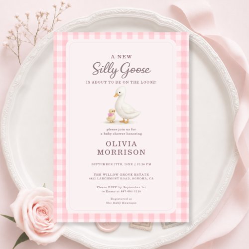 Silly Goose Pink Gingham Girl Baby Shower Invitation