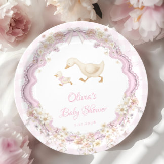 Silly Goose Pink Gingham Girl Baby Shower Paper Plates