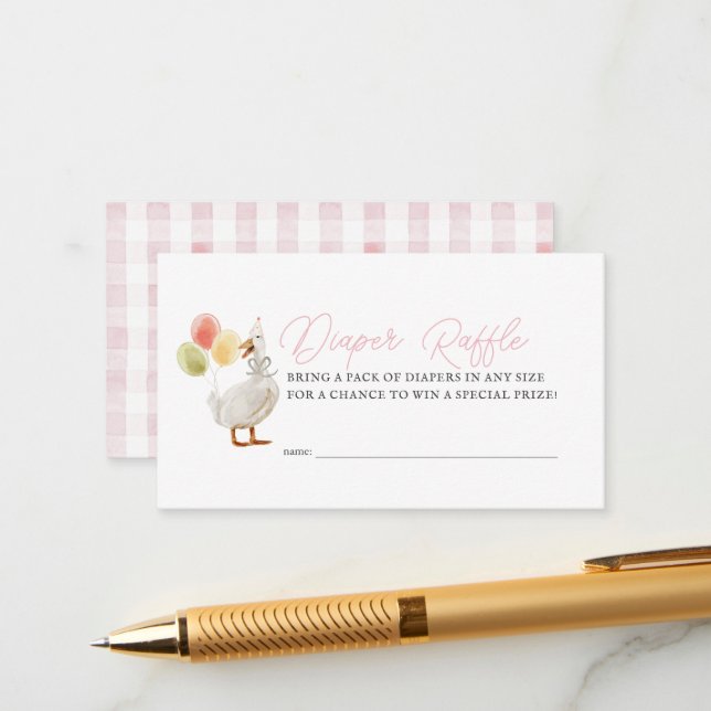 Silly Goose Pink Gingham Girl Diaper Raffle Ticket Enclosure Card (Front/Back In Situ)