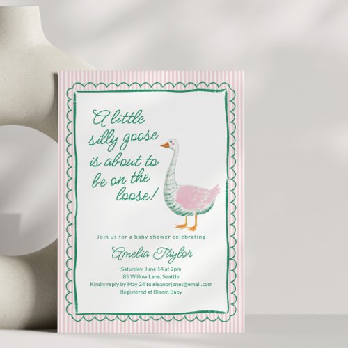 Silly Goose Pink Stripe Girl Whimsical Baby Shower Invitation