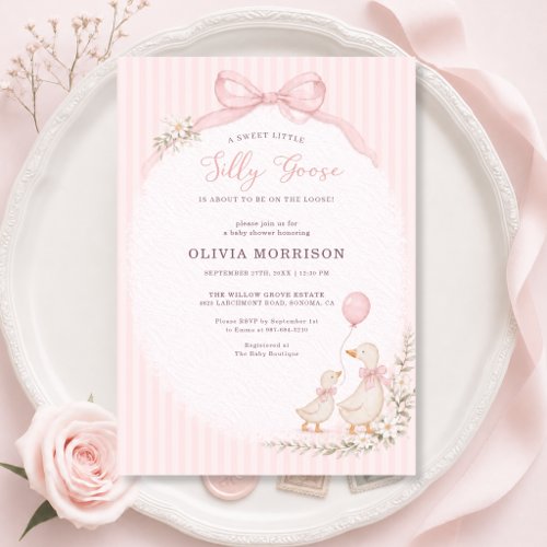 Silly Goose Pink Stripes Girl Baby Shower Invitation