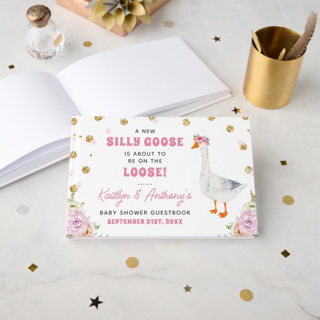 Silly Goose Pink Watercolor Girls Baby Shower Guest Book (Front Open)