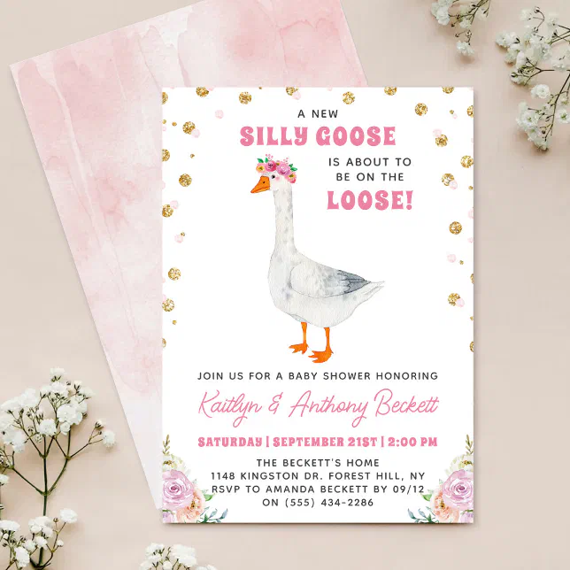 Silly Goose Pink Watercolor Girls Baby Shower Invitation | Zazzle