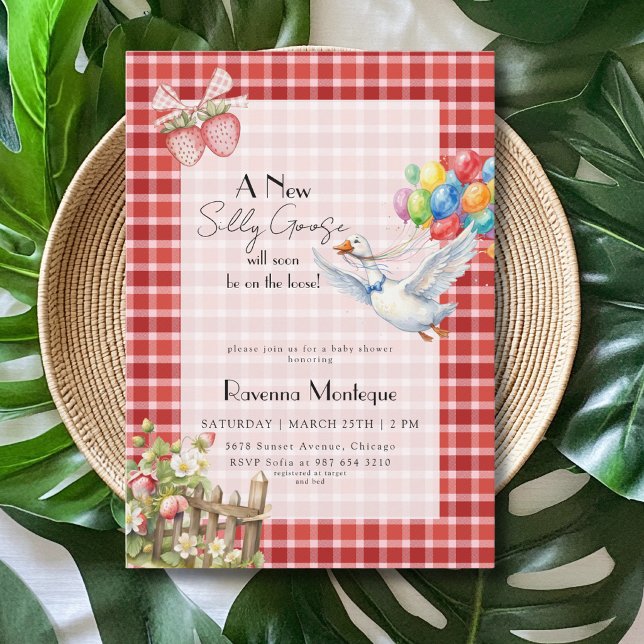 Silly Goose Red Gingham Balloons Baby Shower Invitation (Creator Uploaded)