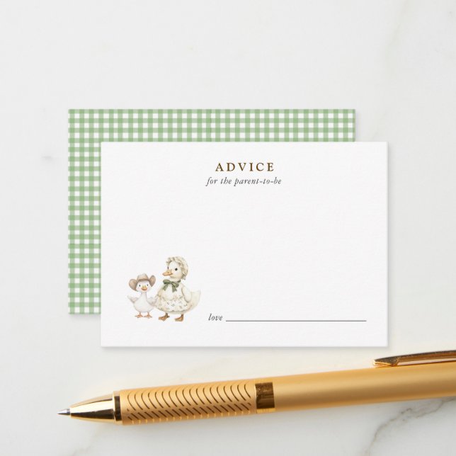 Silly Goose Sage gingham Baby shower Advice card (Front/Back In Situ)