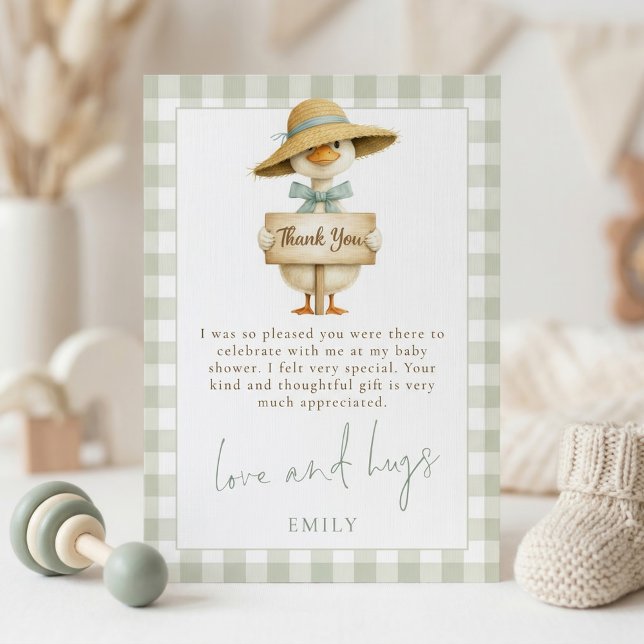 Silly Goose Sage Gingham Baby Shower Thank You Invitation (Creator Uploaded)